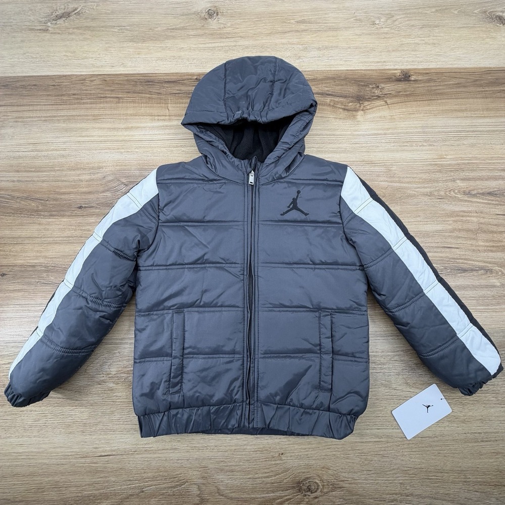 Jordan Kids Boy's Zip-Up Hooded Puffer Jacket Sportswear GRAY WHITE Size 6/7